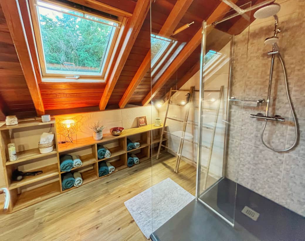 Bathroom 1 - Upstairs. Shower, toilet, 2 sinks, hairdryer, mirror, towels.