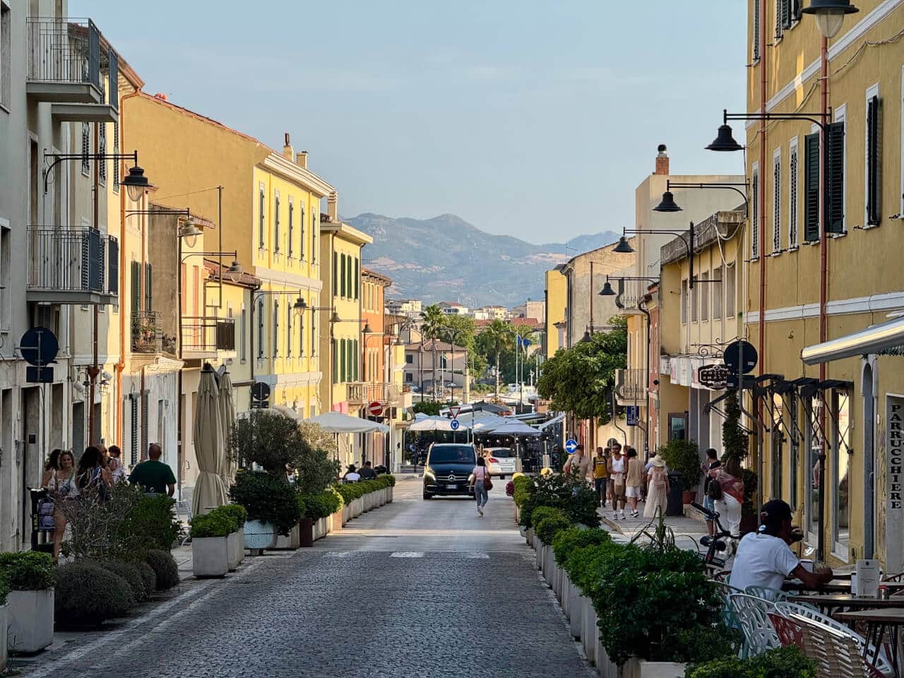 Corso Umberto I, Olbia — pedestrian street in the historic old town at golden hour