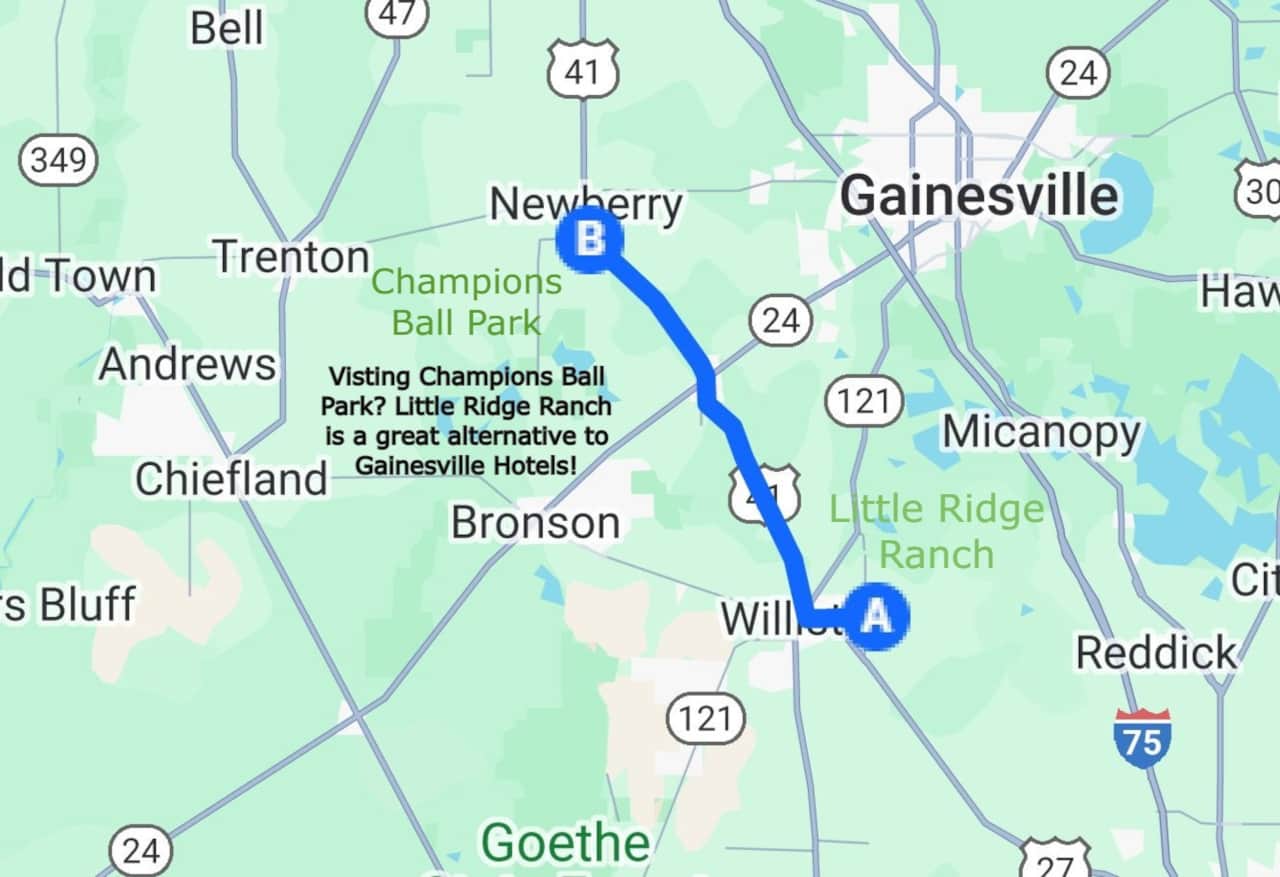 Champions Ball Park-Play There but stay at Little Ridge Ranch, Great Alternative to the Gainesville Hotels!