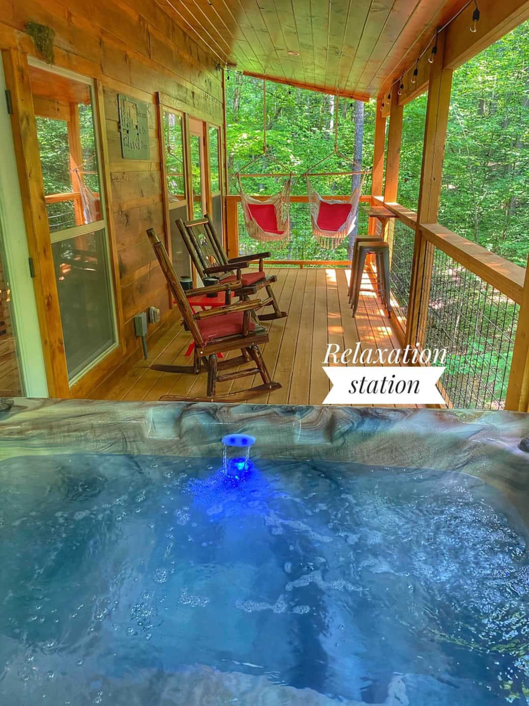 Large deck with hot tub, rockers and swings. There’s also a two person bar for you to sit outside and enjoy your meals or just have some coffee and enjoy the scenery. Sometimes you’ll see deer, turkeys and chipmunks. Large deck with hot tub, rockers and swings. There’s also a two person bar for you to sit outside and enjoy your meals or just have some coffee and enjoy the scenery. Sometimes you’ll see deer, turkeys and chipmunks.