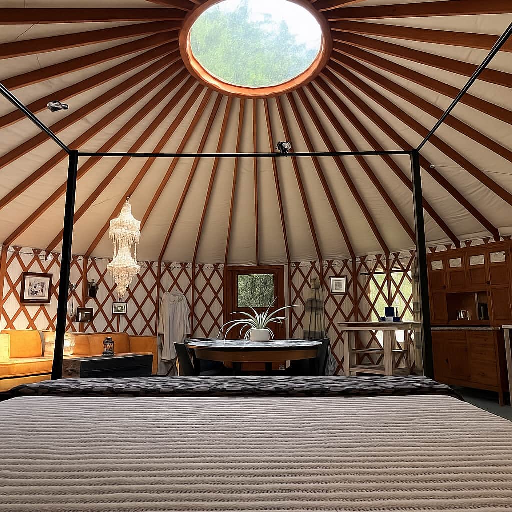 Natural light fills the circular yurt through the skylight dome above the bed.
