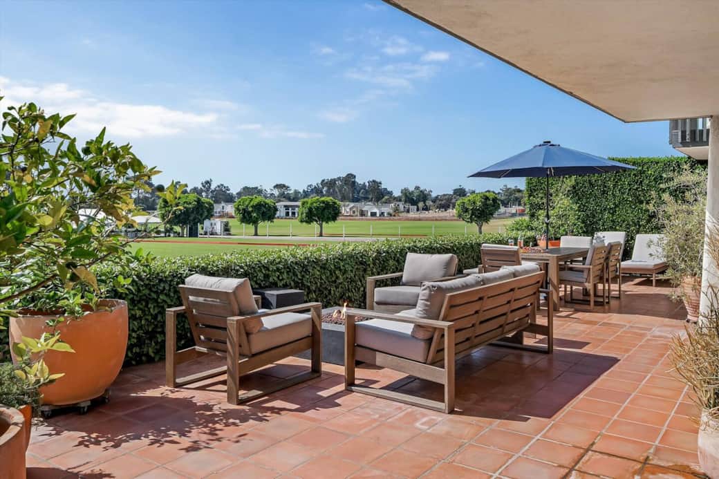 The large patio is set up to be enjoyed with family and friends 