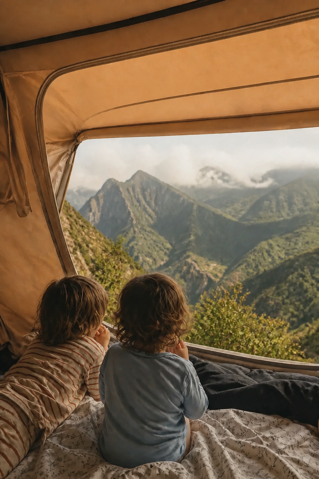Marmailles en admiration devant le lever du soleil de la Réunion