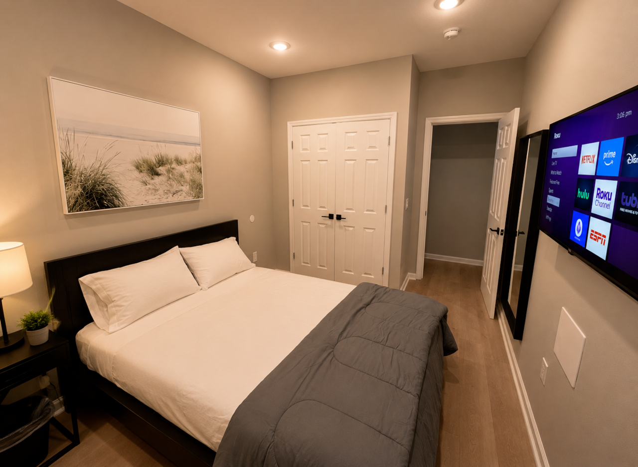 Relax in this comfortable queen bedroom featuring a Roku TV, soft lighting, spacious closet, and premium linens. Abedroom 2 perfect private retreat for a restful and relaxing stay.