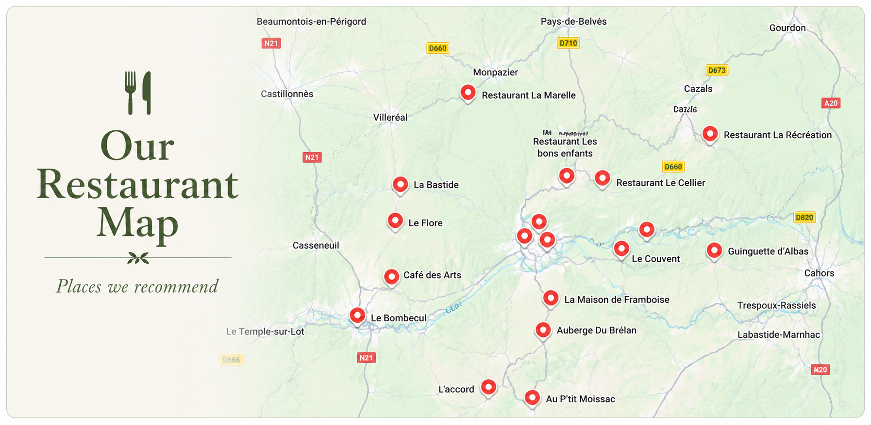 Map of recommended restaurants near Montayral and the Lot Valley