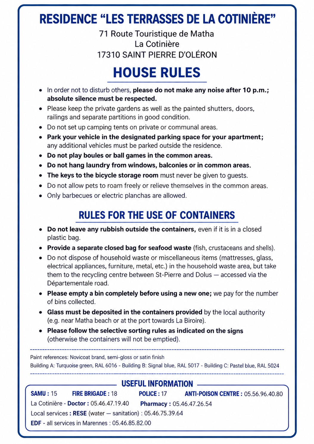 Residence Rules – Les Terrasses de la Cotinière