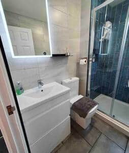 Modern walk in shower with view over the woodlands.