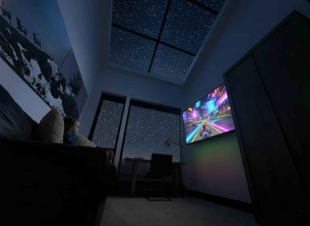 The Celestial Theater. Huge glass ceiling for stargazing with Celestron Telescope and a 48" OLED TV. The Celestial Theater. Huge glass ceiling for stargazing with Celestron Telescope and a 48" OLED TV.