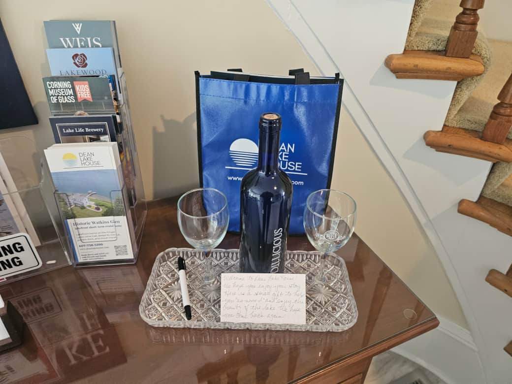 Welcome!  A complimentary bottle of wine and some gifts await you!