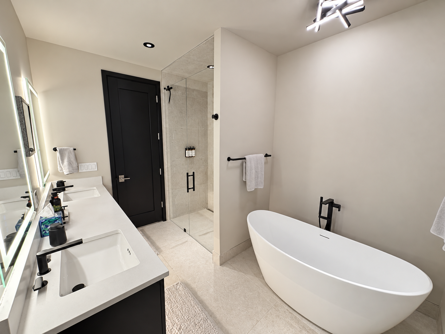 Primary bathroom with freestanding tub and walk-in shower.