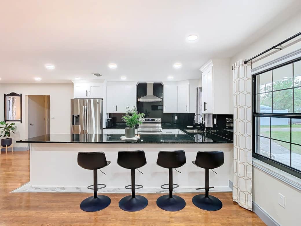 Open concept kitchen with an oversized peninsula and counter stools Open concept kitchen with an oversized peninsula and counter stools
