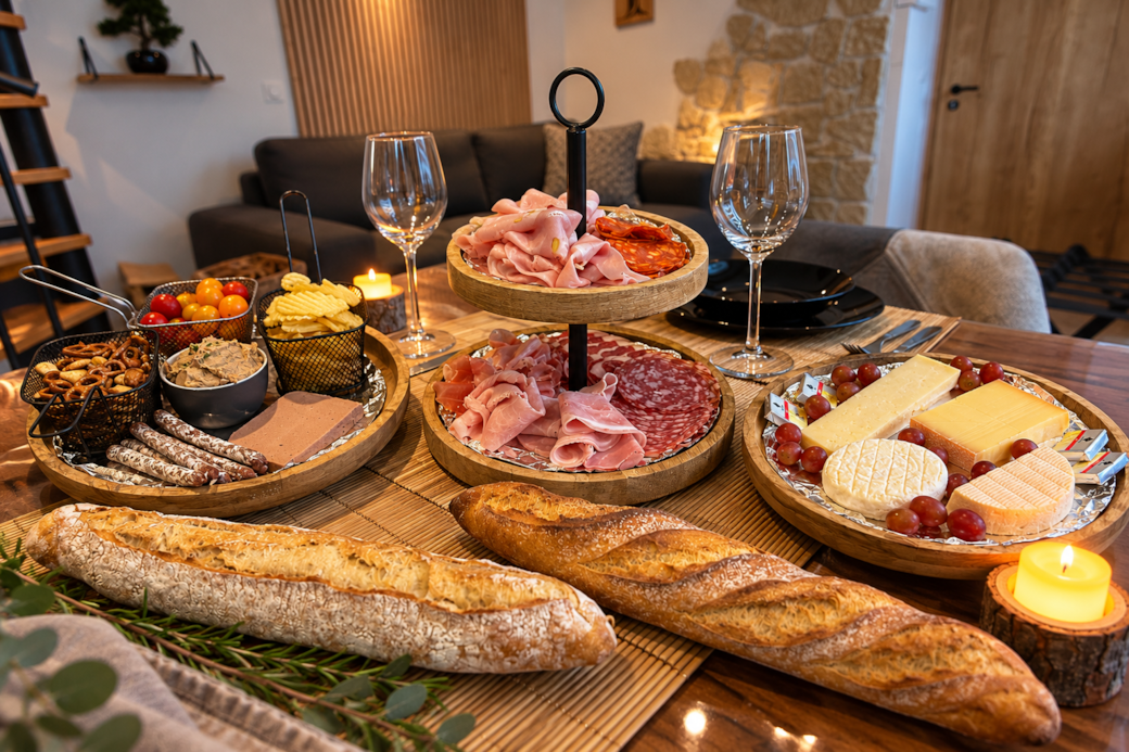 Planche gourmande de charcuteries et fromages proposée au Refuge des Anges, au Domaine EnergyZen.