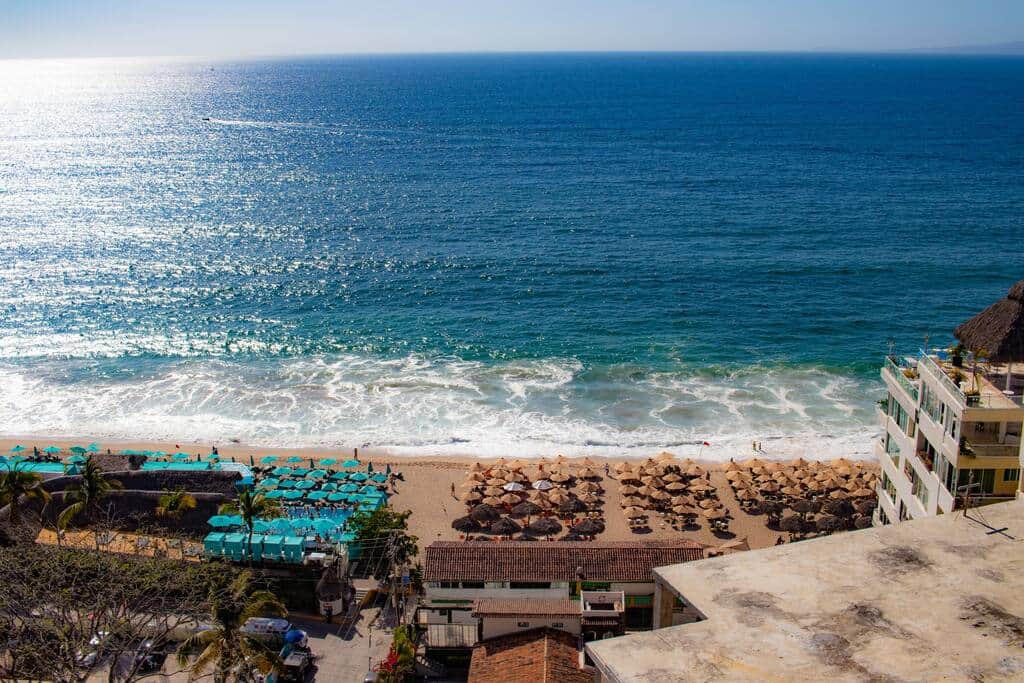 View from the private terrace to Los Muertos Beach. Green and Blue Chairs areas below.