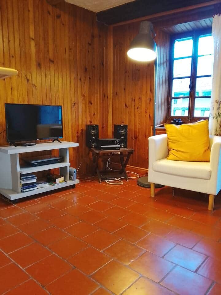 Salon cosy avec insert au feu de bois et canapé lit confortable. Salon cosy avec insert au feu de bois et canapé lit confortable.