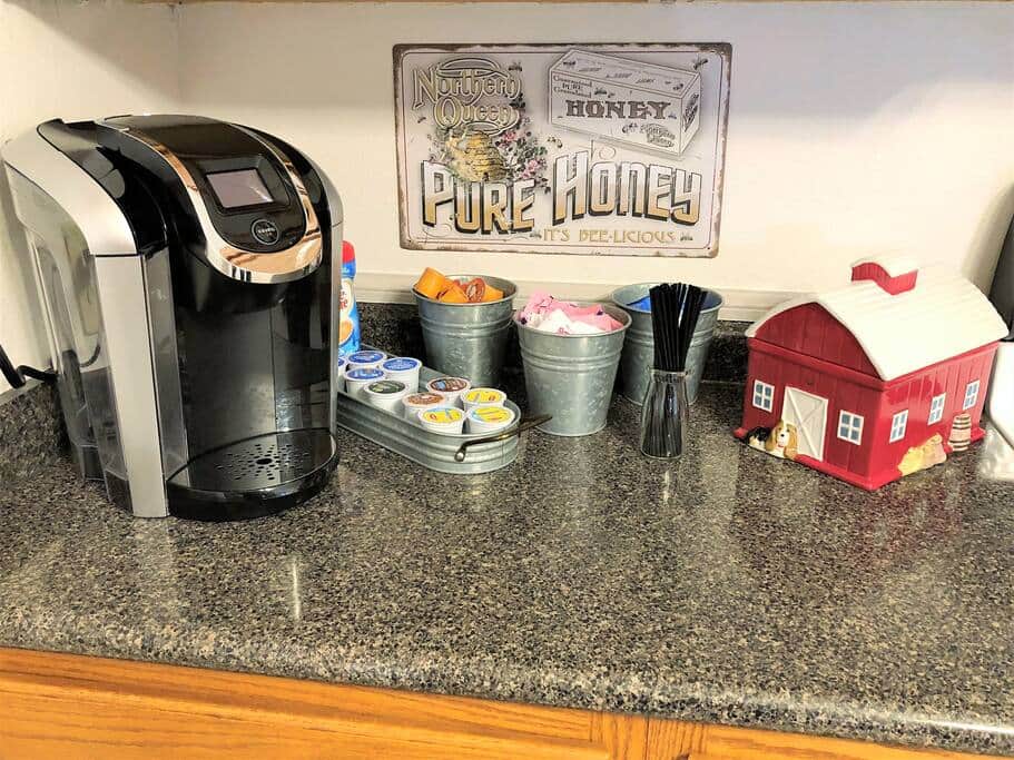 Coffee bar complete with Keurig, coffee, creamers and sugars. Start the day off right! Coffee bar complete with Keurig, coffee, creamers and sugars. Start the day off right!
