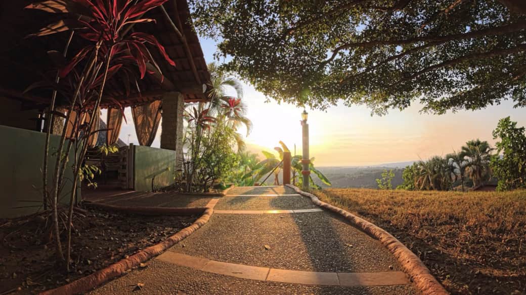 Outdoor kitchen walkway sunset