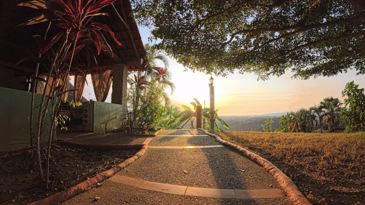 Outdoor kitchen walkway sunset