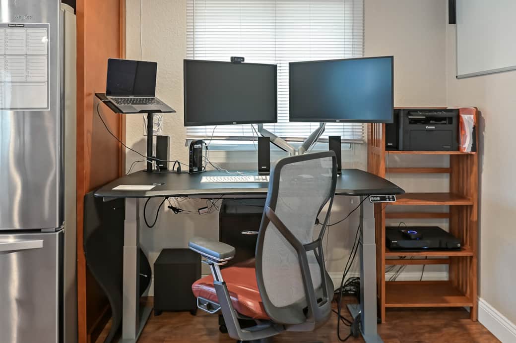 Electric Standing Desk with 2 27" HD Monitors, Monitor Arms, Docking Station, Laptop Stand, Keyboard