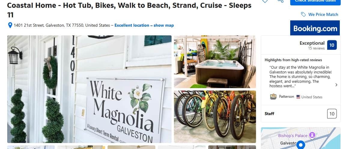 White Magnolia Galveston highly rated on Booking.com