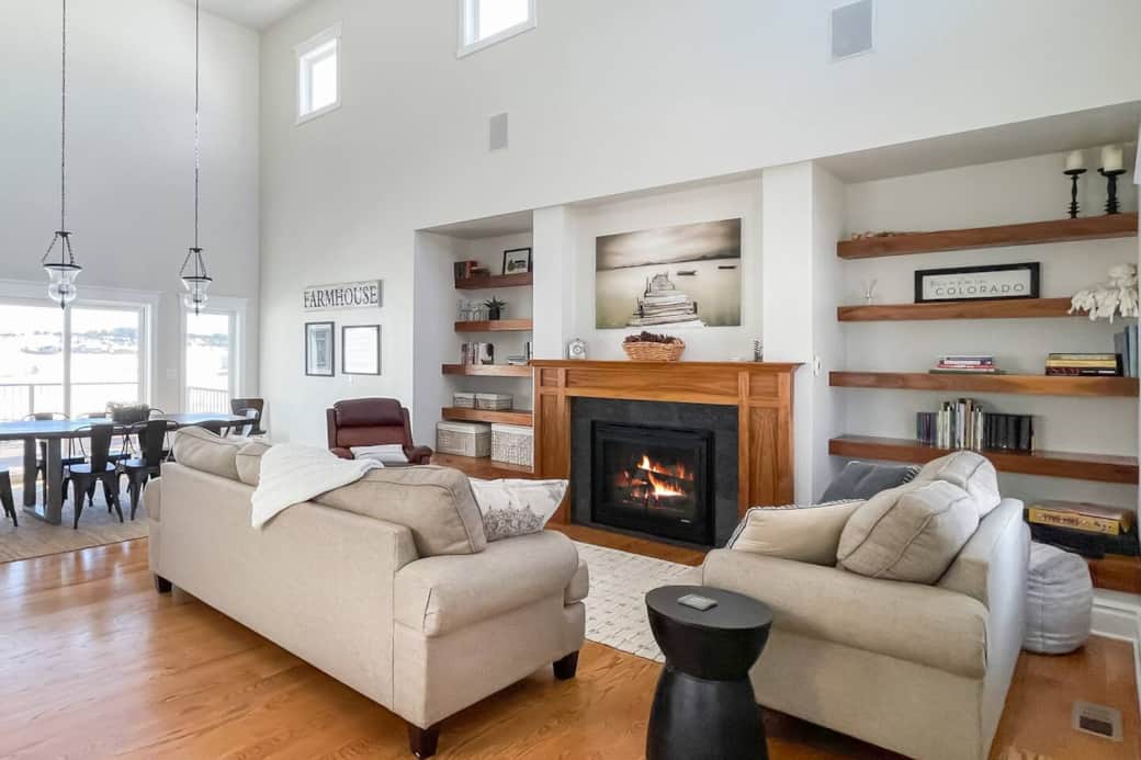 Cozy Great Room with gas furnace rated fireplace