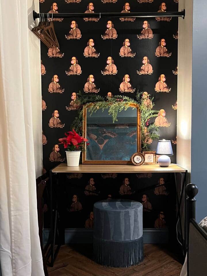 The first bedroom includes a vanity and clothing storage.