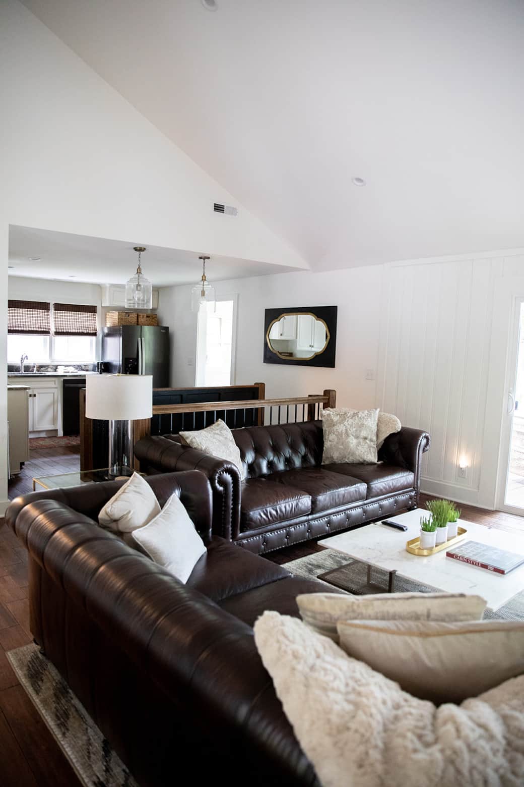 Great room open to kitchen with 2 Leather Sofas