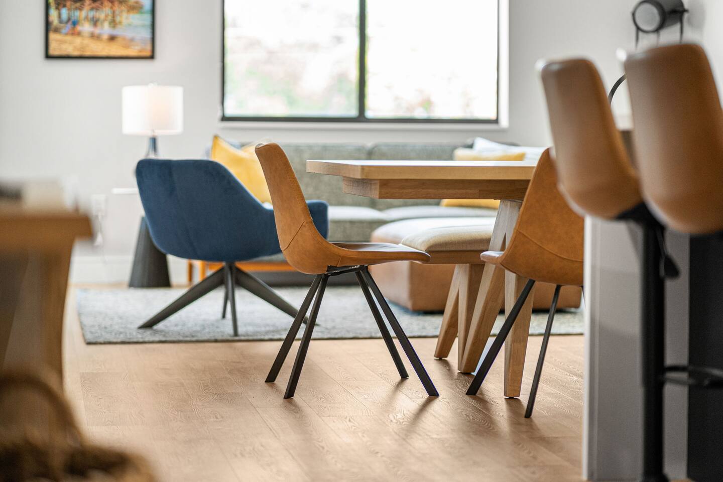 Dining space set for shared meals, coffee, or planning the day.