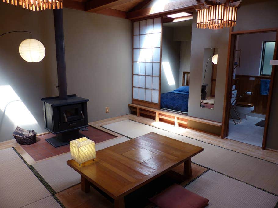 Main room, seeing into bedroom and bathroom