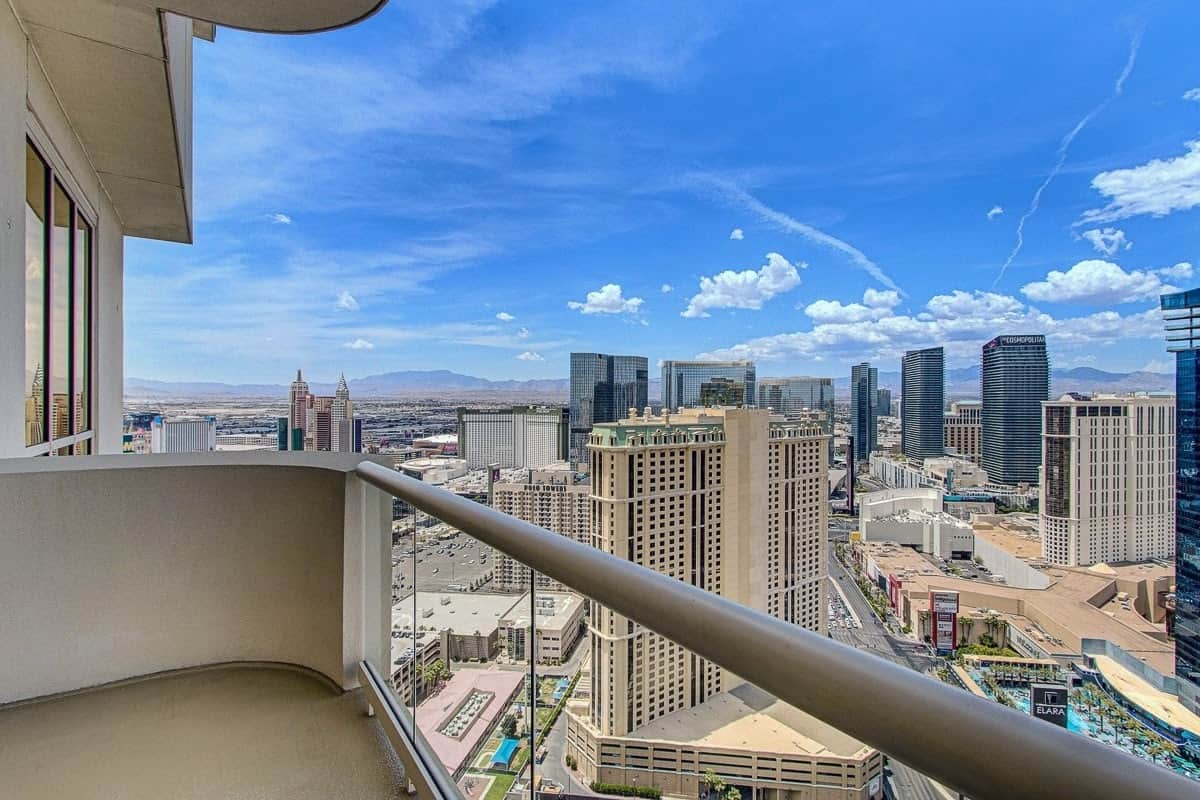 Actual Strip and mountain views from our 1 BR PH suite's balcony! Chairs for the balcony for your day and nighttime viewing pleasure!