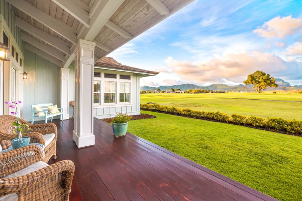 Back lanai with golf course and mountain views