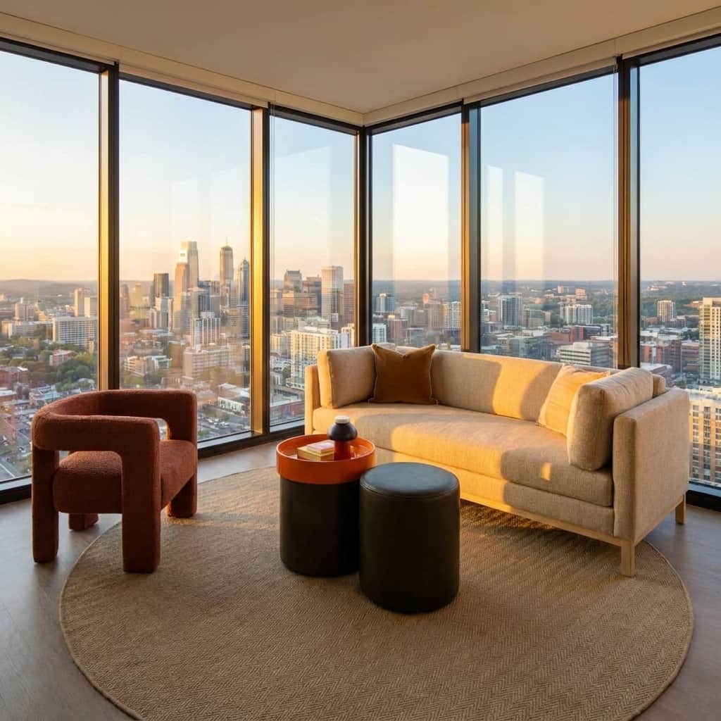 Modern furnished living room with natural light.