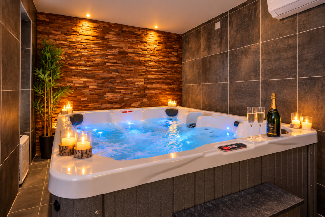 Espace bien-être avec spa privatif au Domaine EnergyZen, à Bischoffsheim près d'Obernai en Alsace.