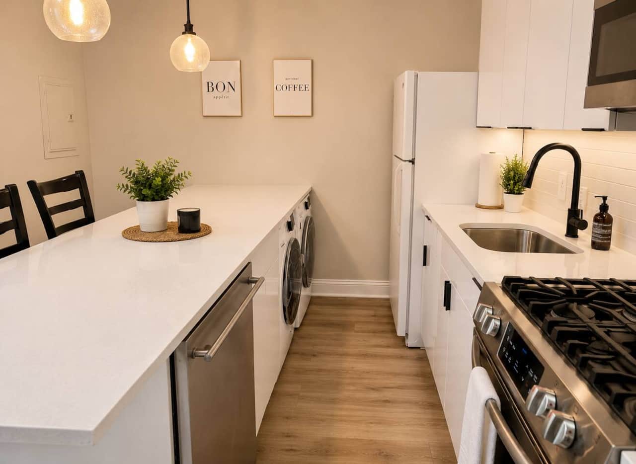 kitchen featuring sleek white cabinetry, stainless steel appliances, a spacious quartz island with seating, and everything you need to prepare meals. Whether you’re enjoying your morning coffee or cooking dinner, this stylish is perfect.
