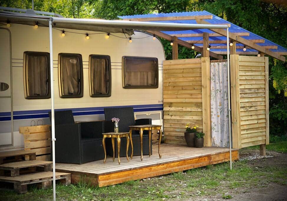 Cozy covered porch and outdoor shower