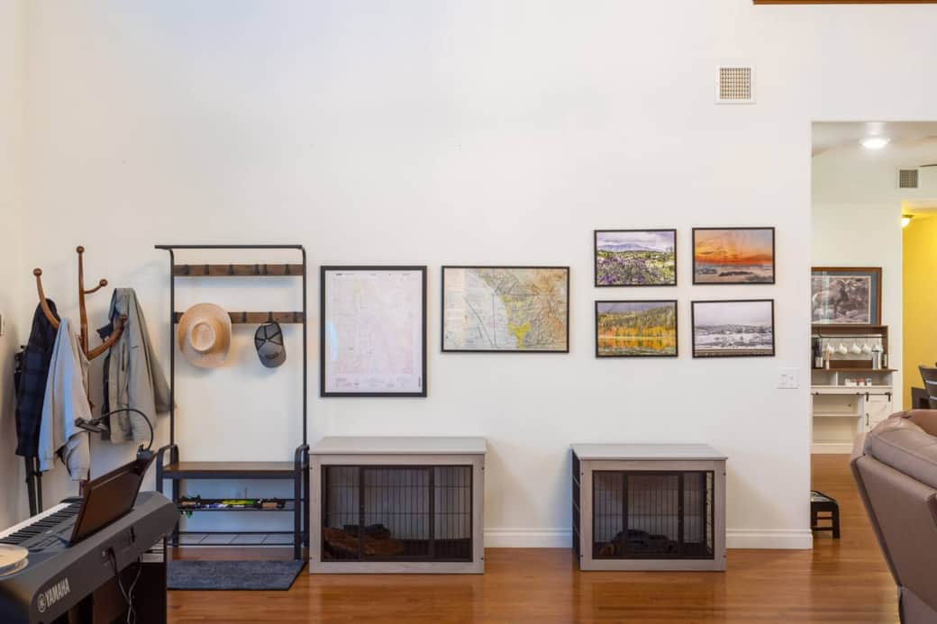 Large and medium dog crates in the living area for use during your stay.