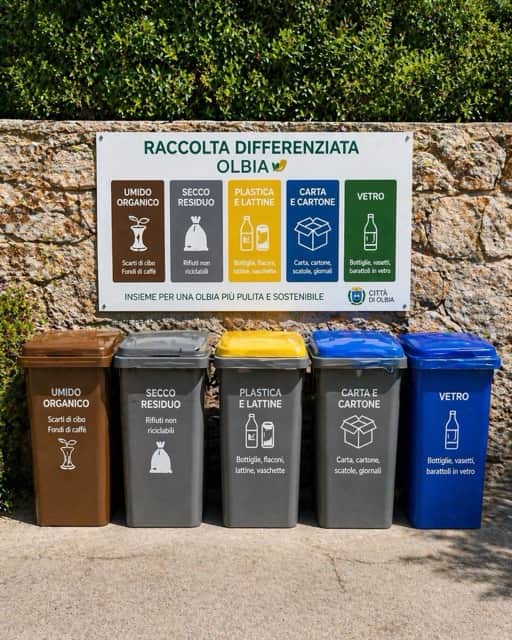 Sardinia separate-waste recycling bins for households — green, yellow, blue, brown