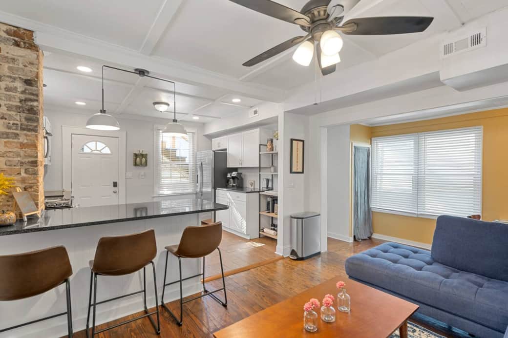 View from the living room looking towards the kitchen and dinning area. 