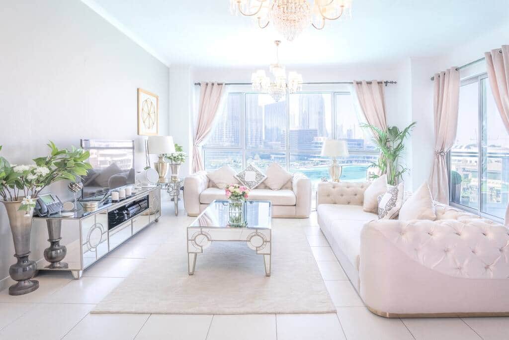 Living room with direct full view on the Dancing Fountain and Burj Khalifa Living room with direct full view on the Dancing Fountain and Burj Khalifa