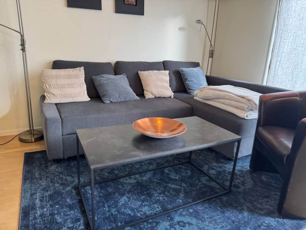 Vardagsrum i öppen planlösning med bekväm bäddsoffa och TV, övergår i matplats och kök. 