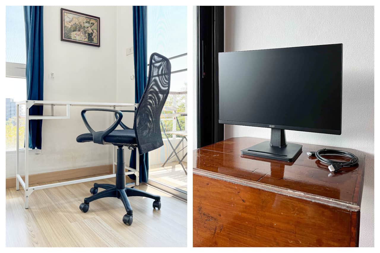 Working Chair, adjustable with Back support. 21.5" Monitor. High-resolution with HDMI cable.