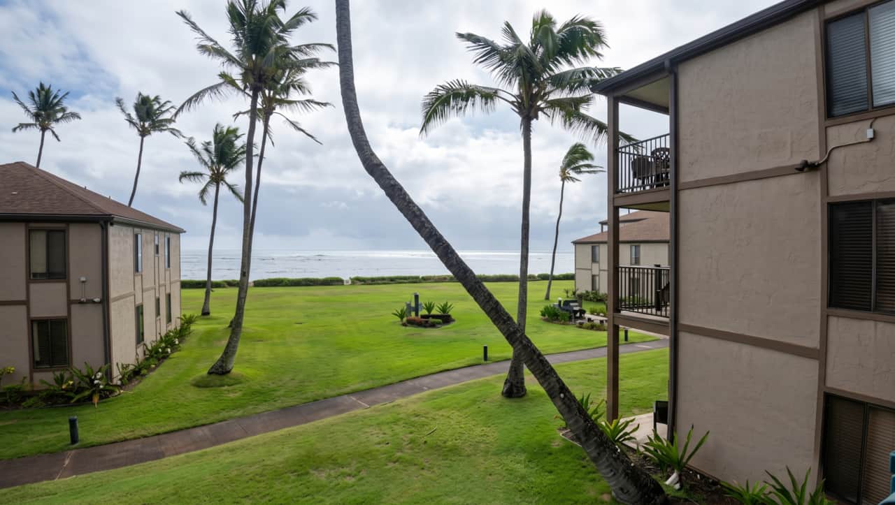 Relaxing ocean view across the beautifully maintained resort grounds and palm trees.