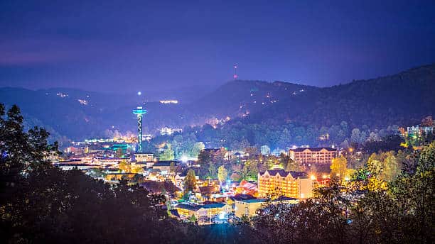Night skyline of The Great Smokey Mountains and Pigeon Forge.