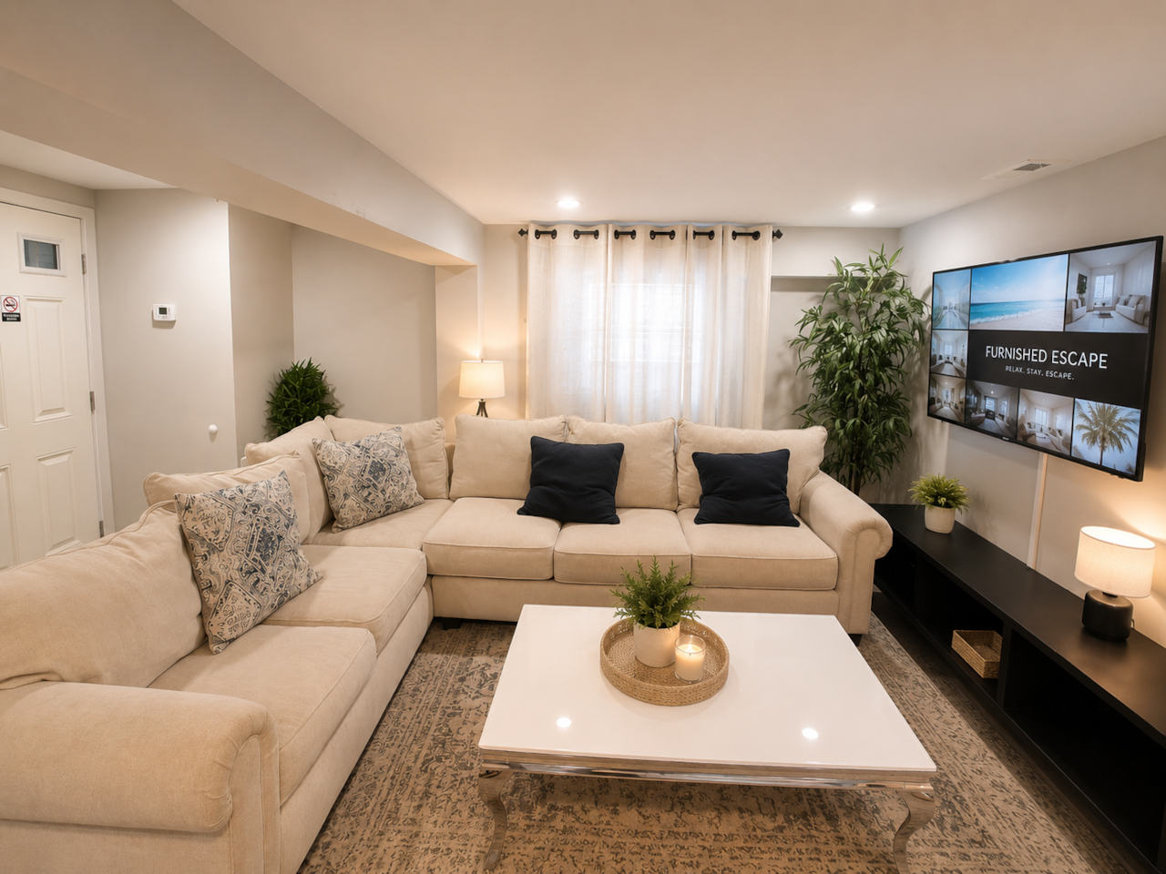 Spacious and comfortable living room featuring a large flat-screen Smart TV, generous sectional seating, and a bright, relaxing atmosphere. The open layout connects directly to the kitchen and dining room, making it easy to cook, dine, relax, and spend time together.