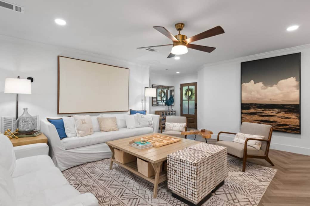 Spacious living area in Villa 1 with comfortable seating for gathering and relaxing together