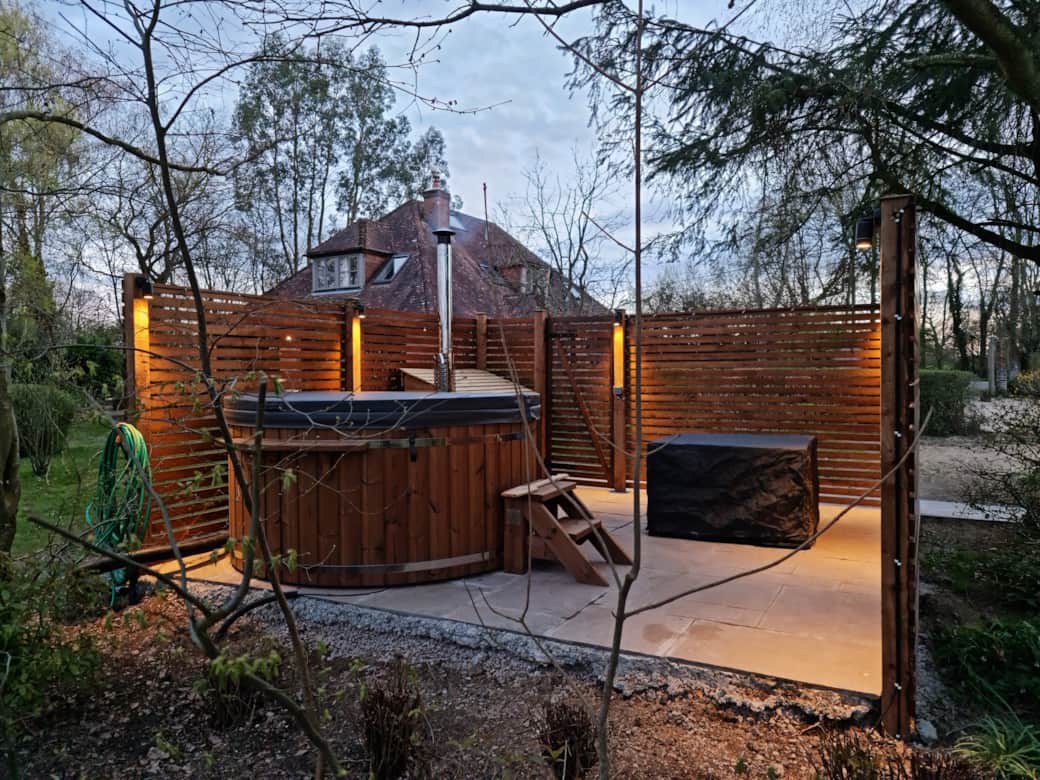Wood fired 8 person hot tub with lighting