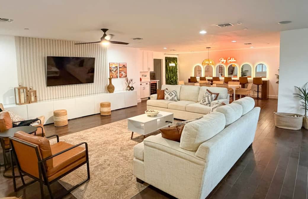 A bright, open-concept design brings everyone together, with easy flow between the kitchen, living room, and dining space. Kick back and enjoy your favorite movie or sports game on the 70” TV that anchors the room.