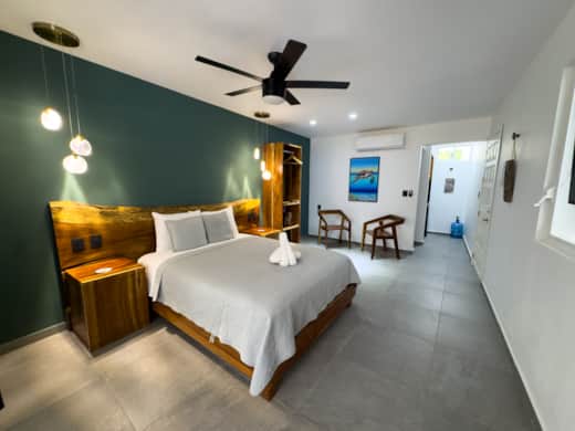 The queen bed and green wall at Sirenas Studio