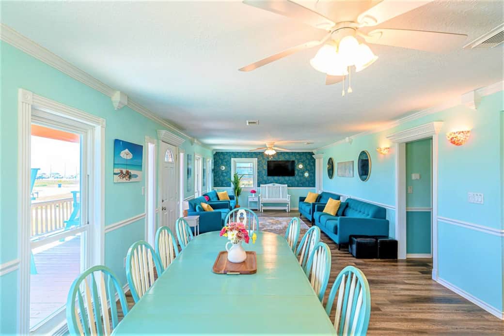 Plenty of space for the whole family and a large screen smart TV.  Additional seating for 32 downstairs in the shade :)