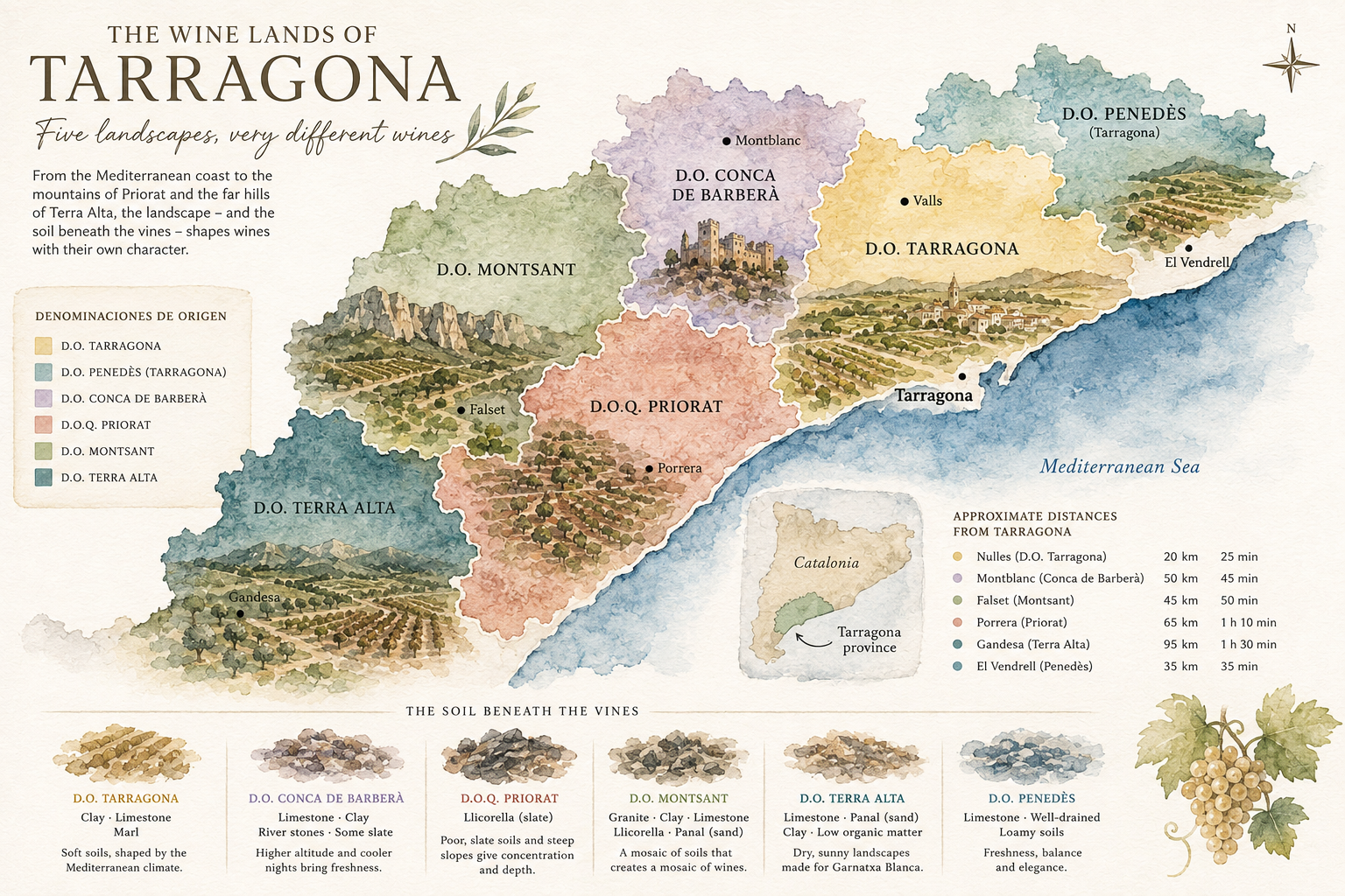 Watercolor map of the wine regions of Tarragona