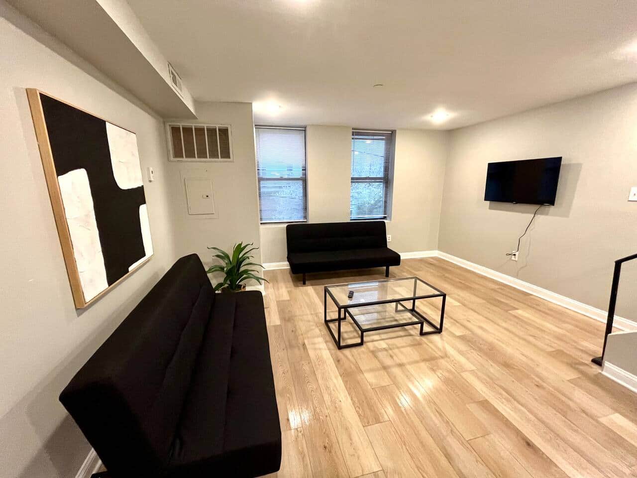 Living room with two futon sofa beds and flat screen tv.